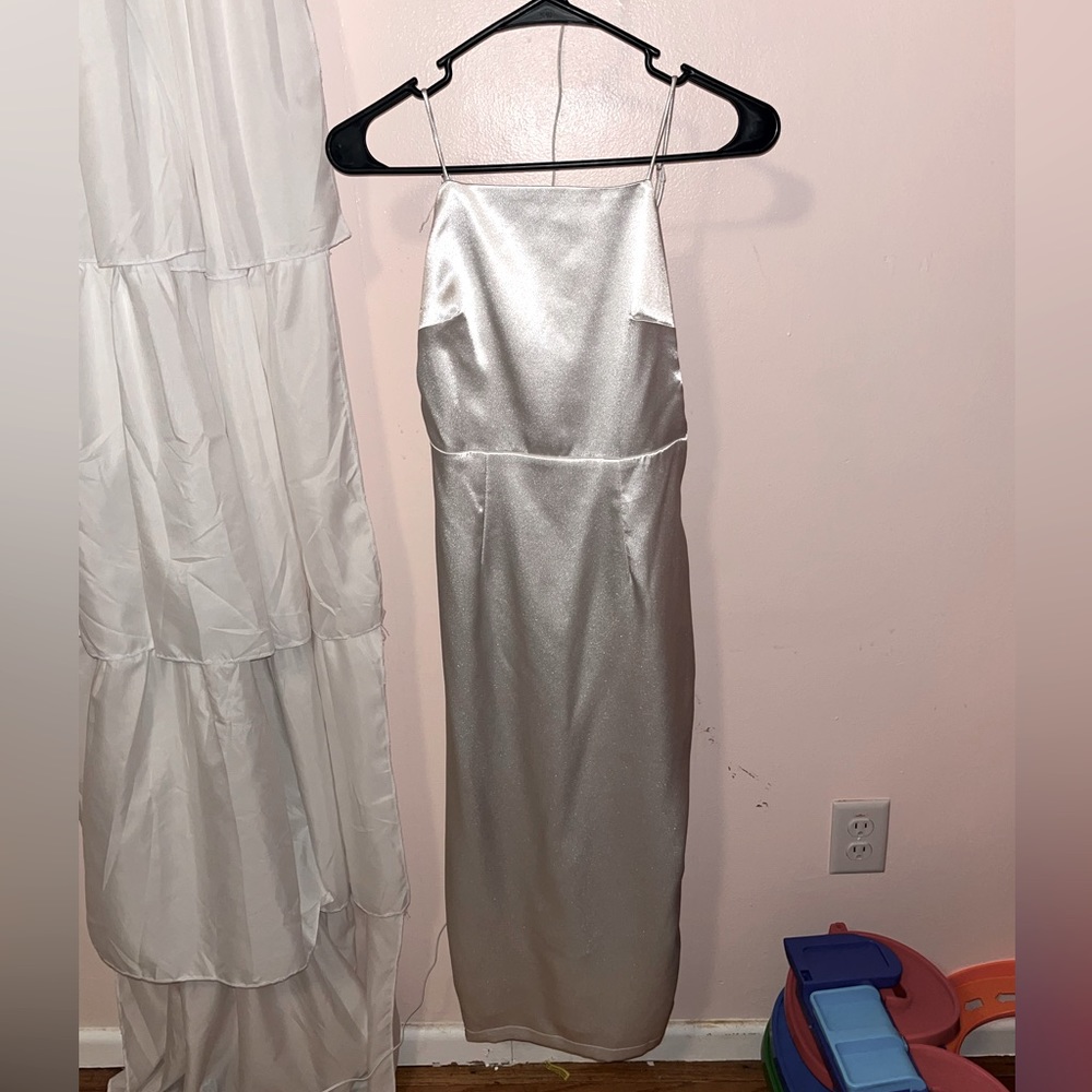 White silk low back dress with slit, size XS